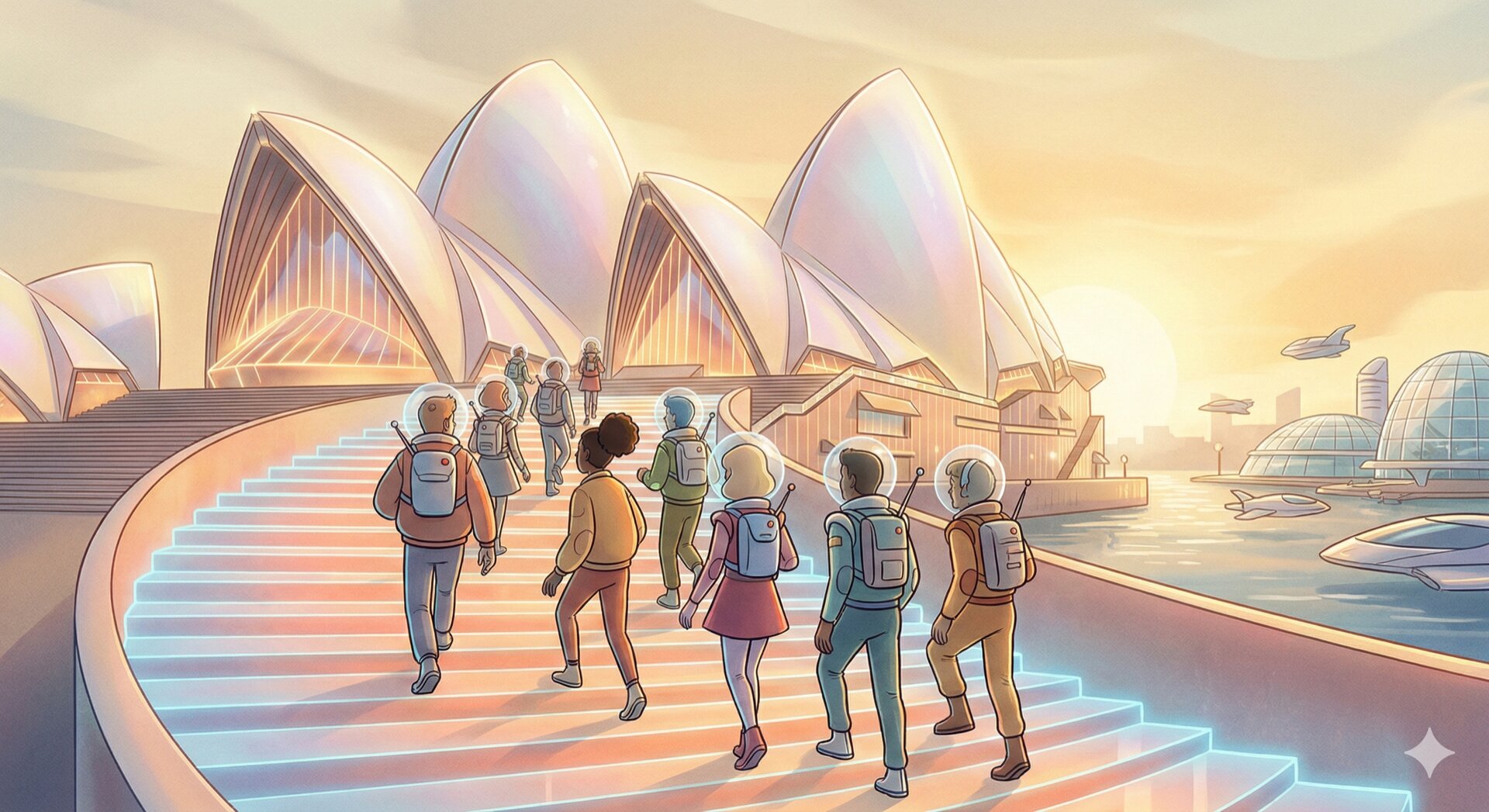 Students climbing glowing steps toward the Sydney Opera House