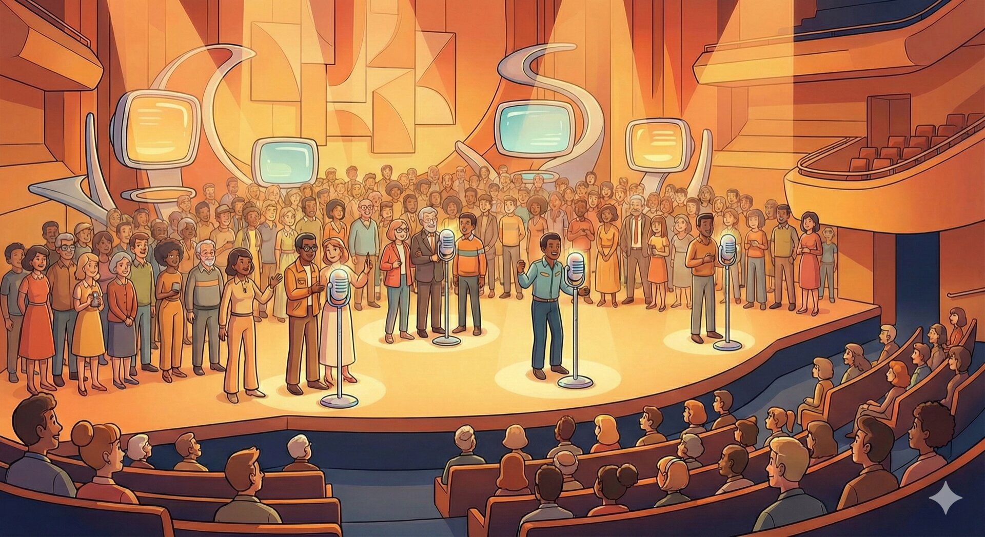 Diverse students presenting at microphones on a futuristic stage