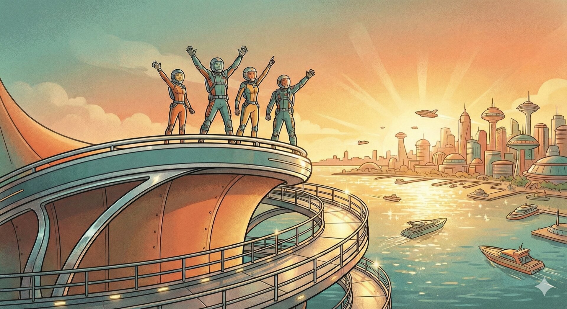 Four people in spacesuits waving from atop a futuristic building overlooking a harbour city
