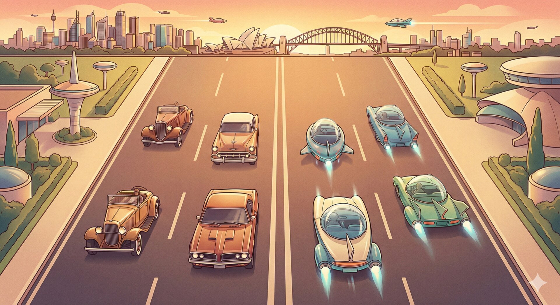 Highway with two lanes: old cars representing classical programming and futuristic hovercars representing AI-assisted coding, with Sydney skyline ahead